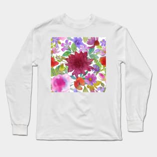 Summer wildflowers and leaves watercolor botanical illustration. Peony, Hryzanthemium, Rose, Poppy, Balloon flowers. Long Sleeve T-Shirt